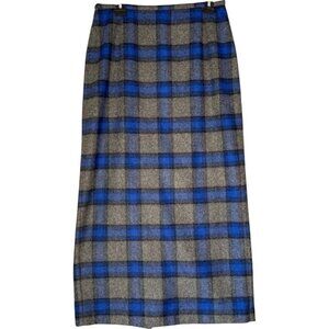 Vintage Wool Mohair Blend Blue Plaid Maxi Skirt Pencil Academia  M